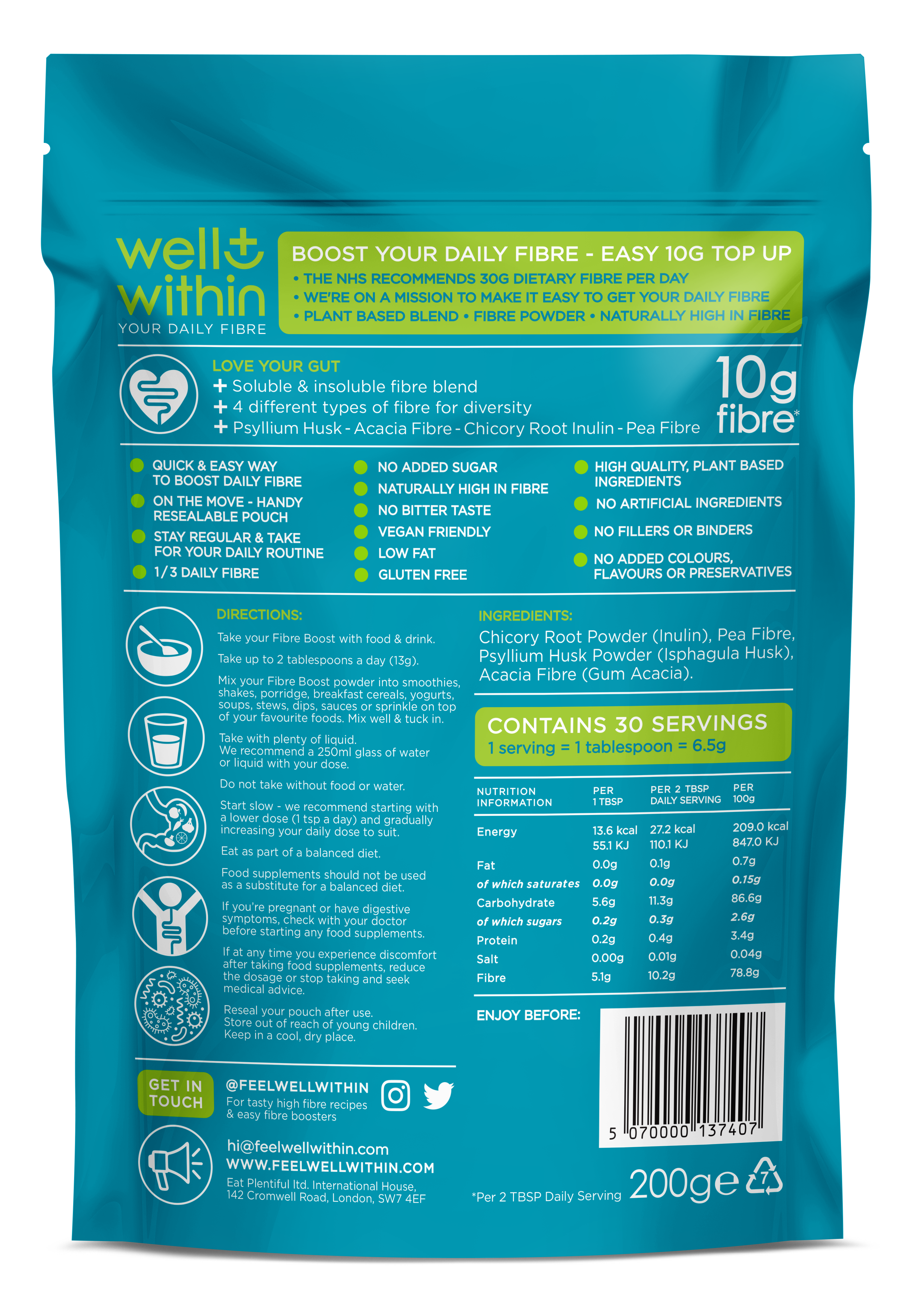 12g Soluble Fibre Suppleent, 40% NHS Daily Intake, 3in1 Fibre Powder